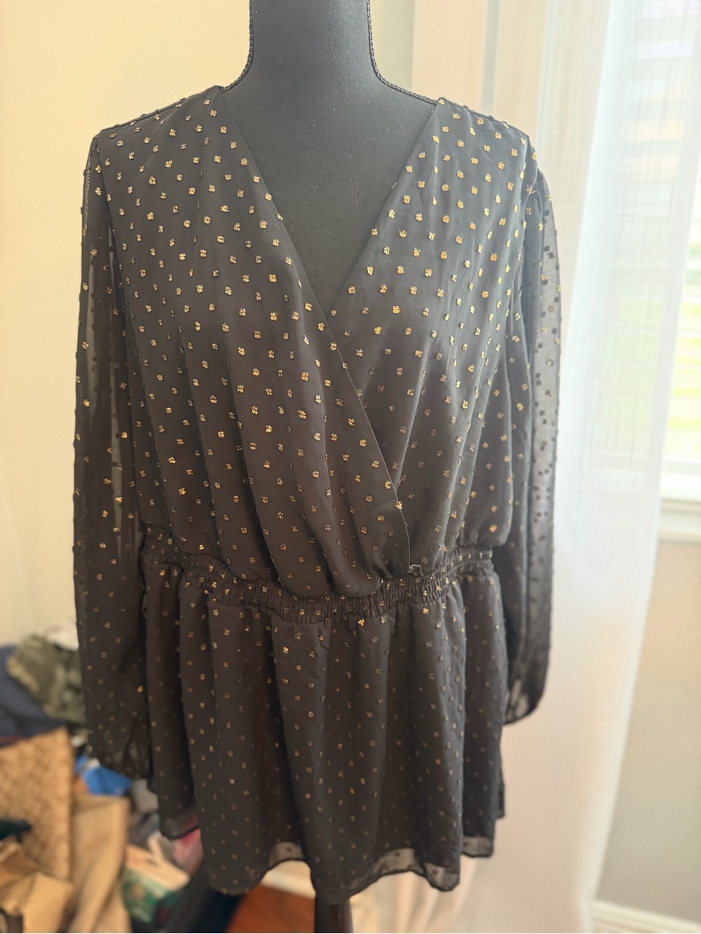 Lane Bryant Smocked Waist Chiffon Blouse with Gold Dot Print NWT